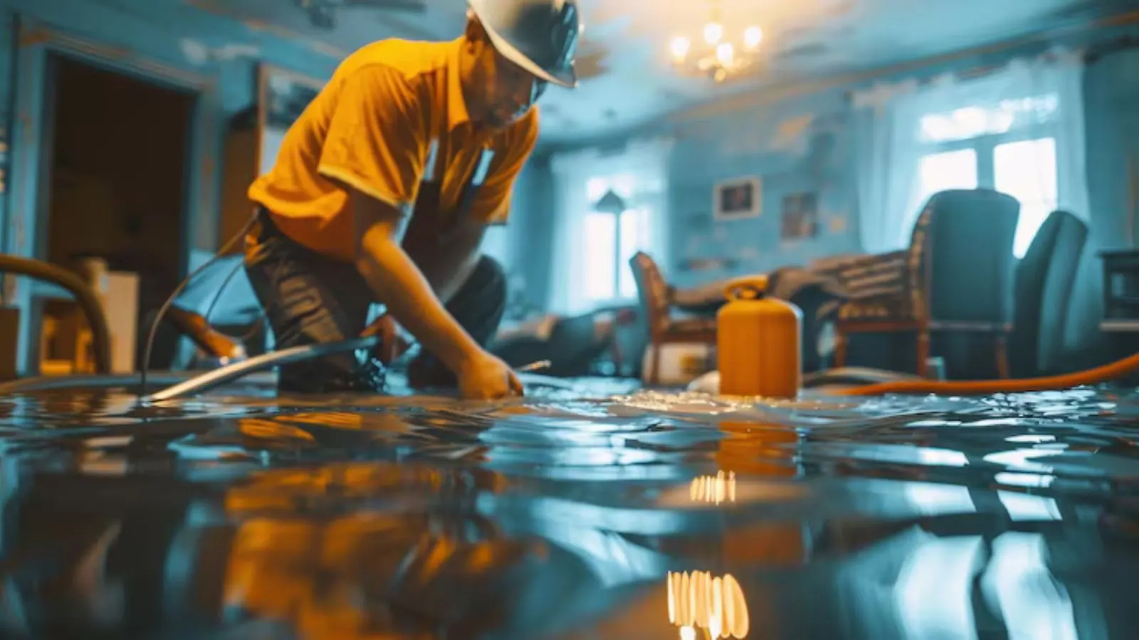 Restoration worker in a hard hat kneeling in a water-damaged living room