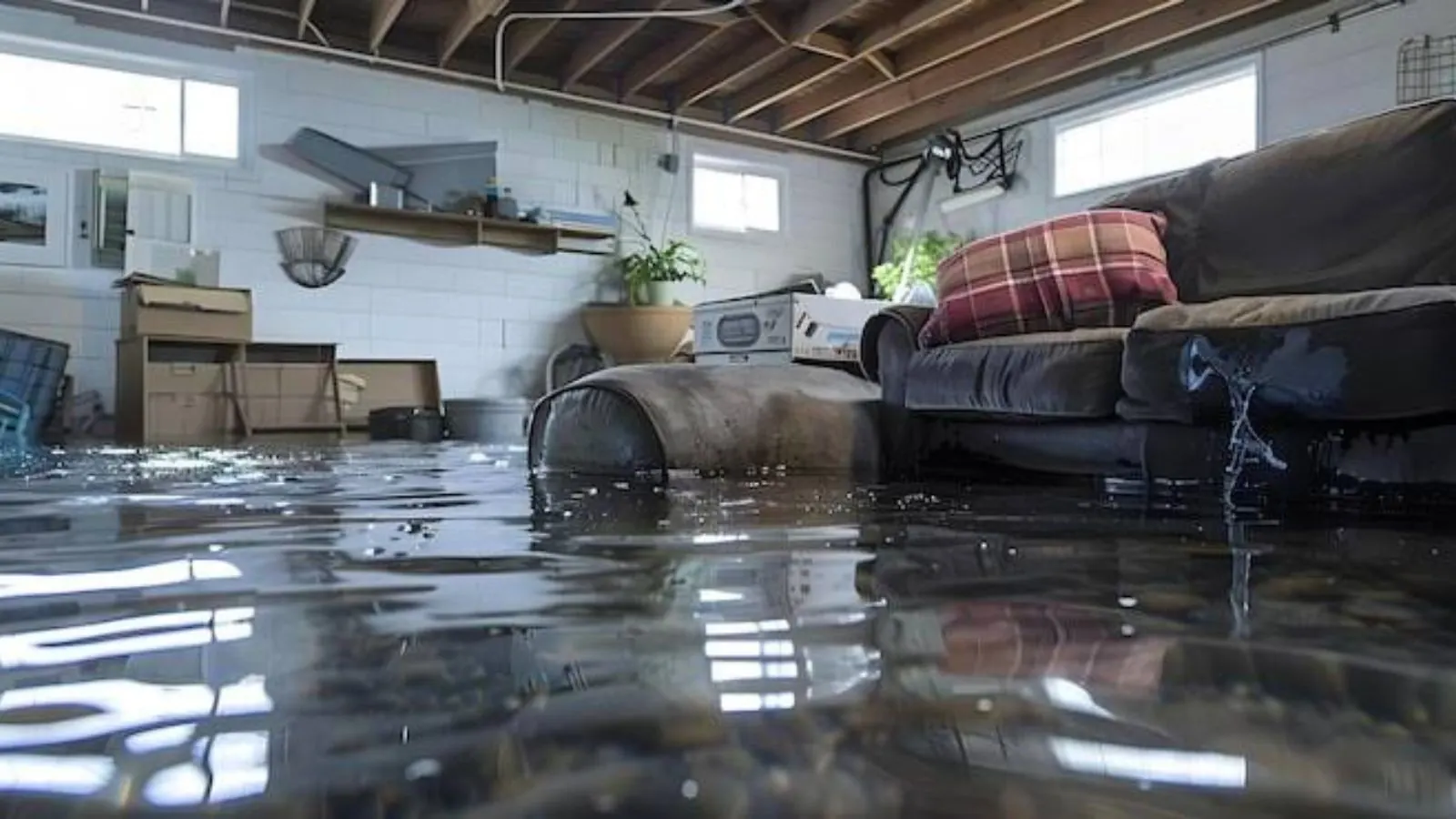 Basement living area with standing water covering the floor around a sofa and shelves