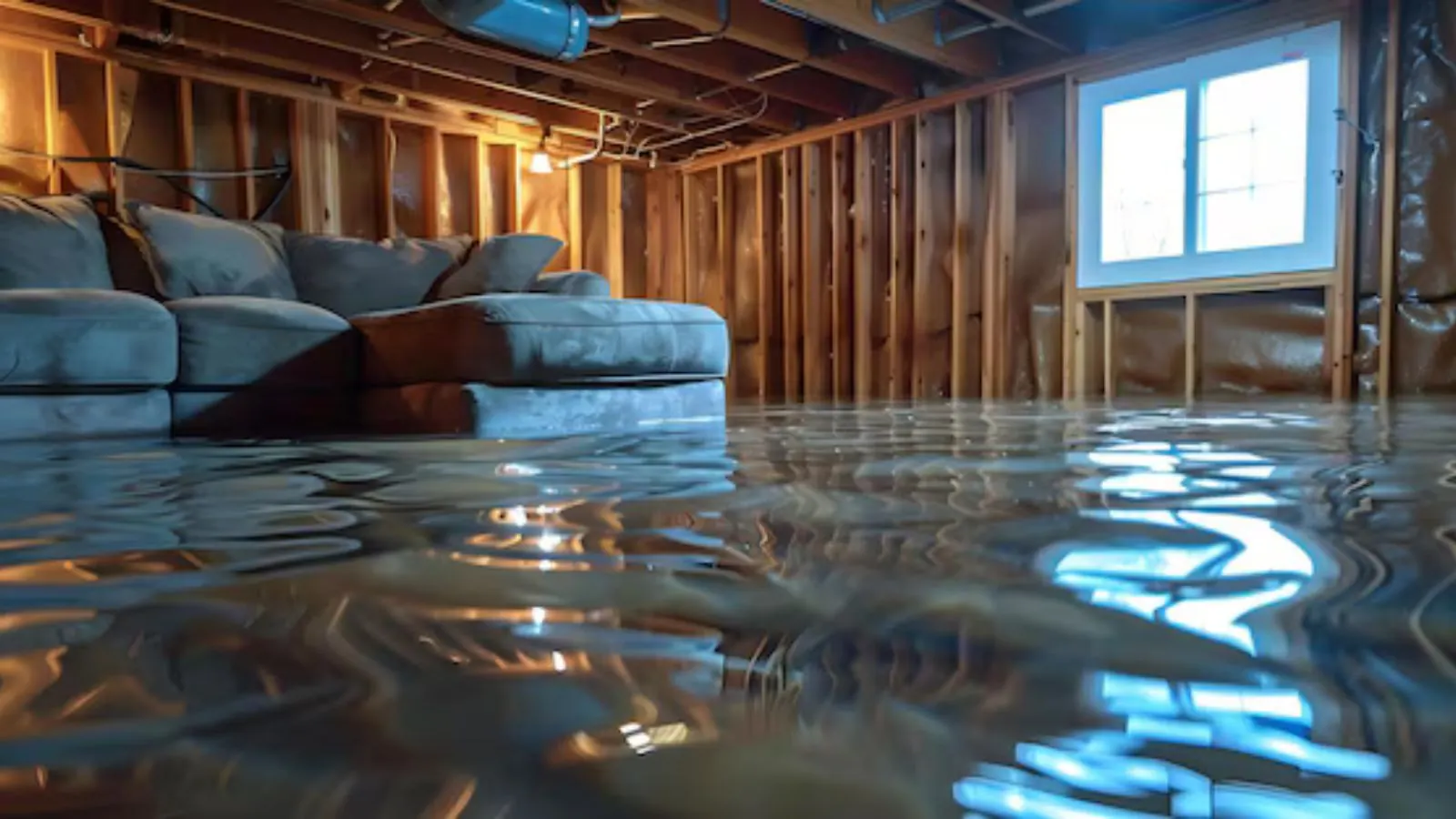 Flooded finished basement with exposed wall studs and a sofa sitting in standing water