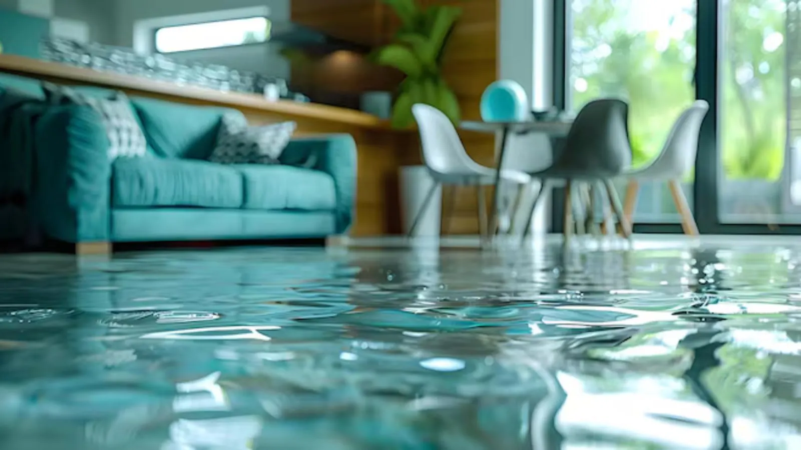 Modern living room with a thin layer of water across the floor