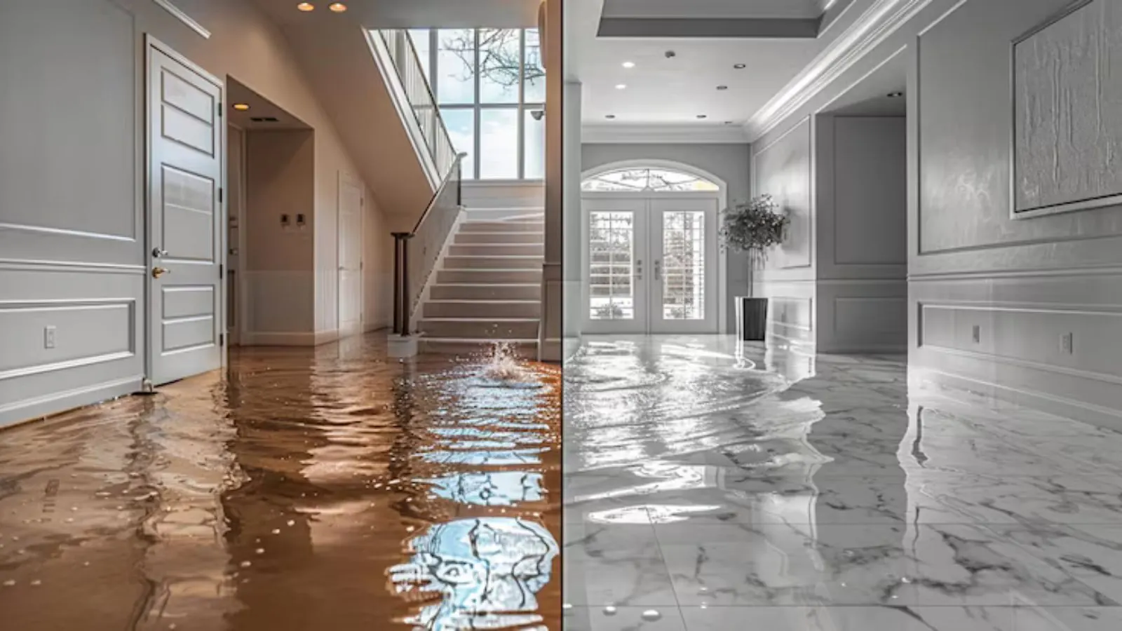 Hallway and staircase of a home with water reflecting on the floor