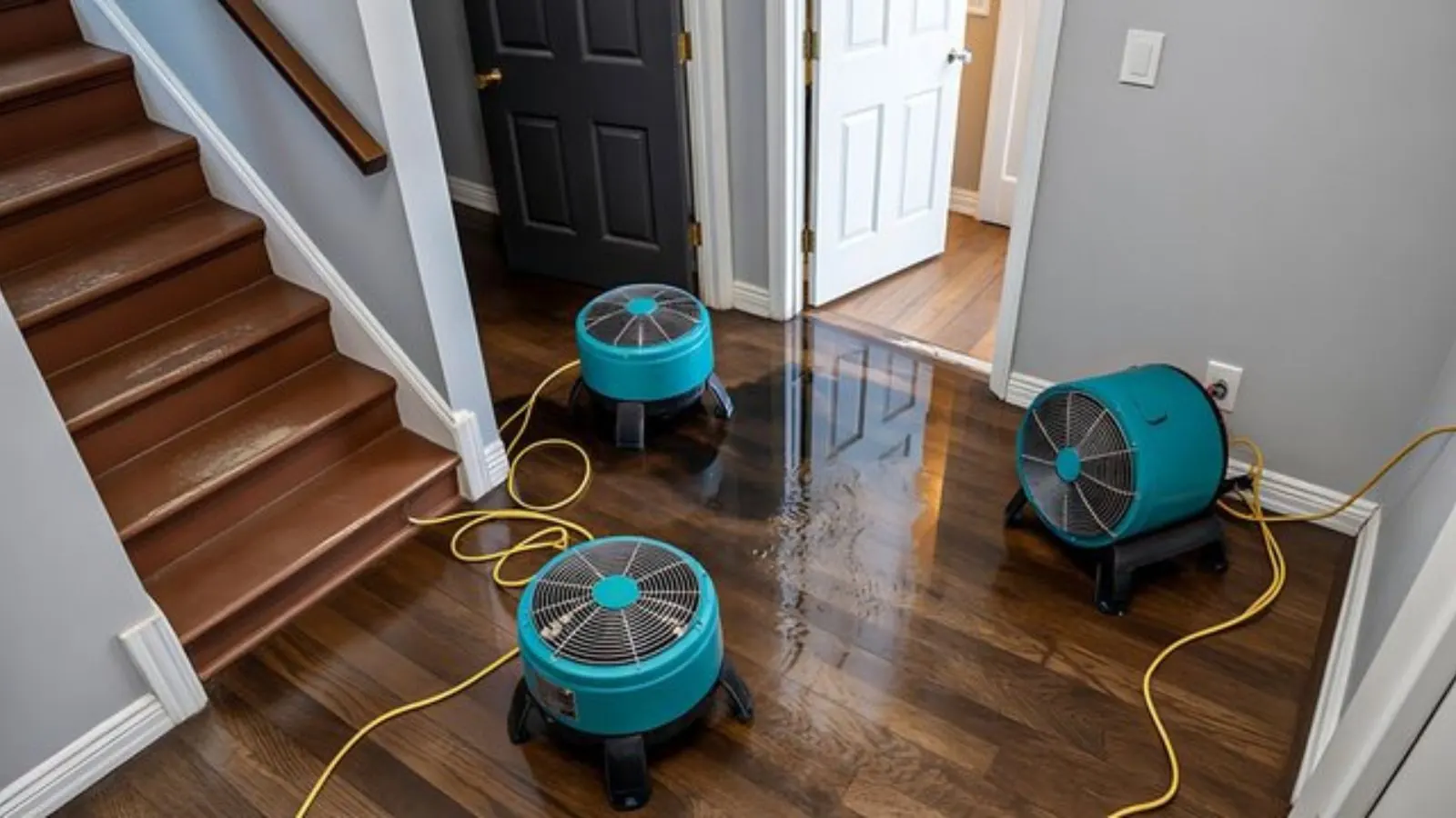 Blue air movers drying a wet hardwood floor beside a staircase