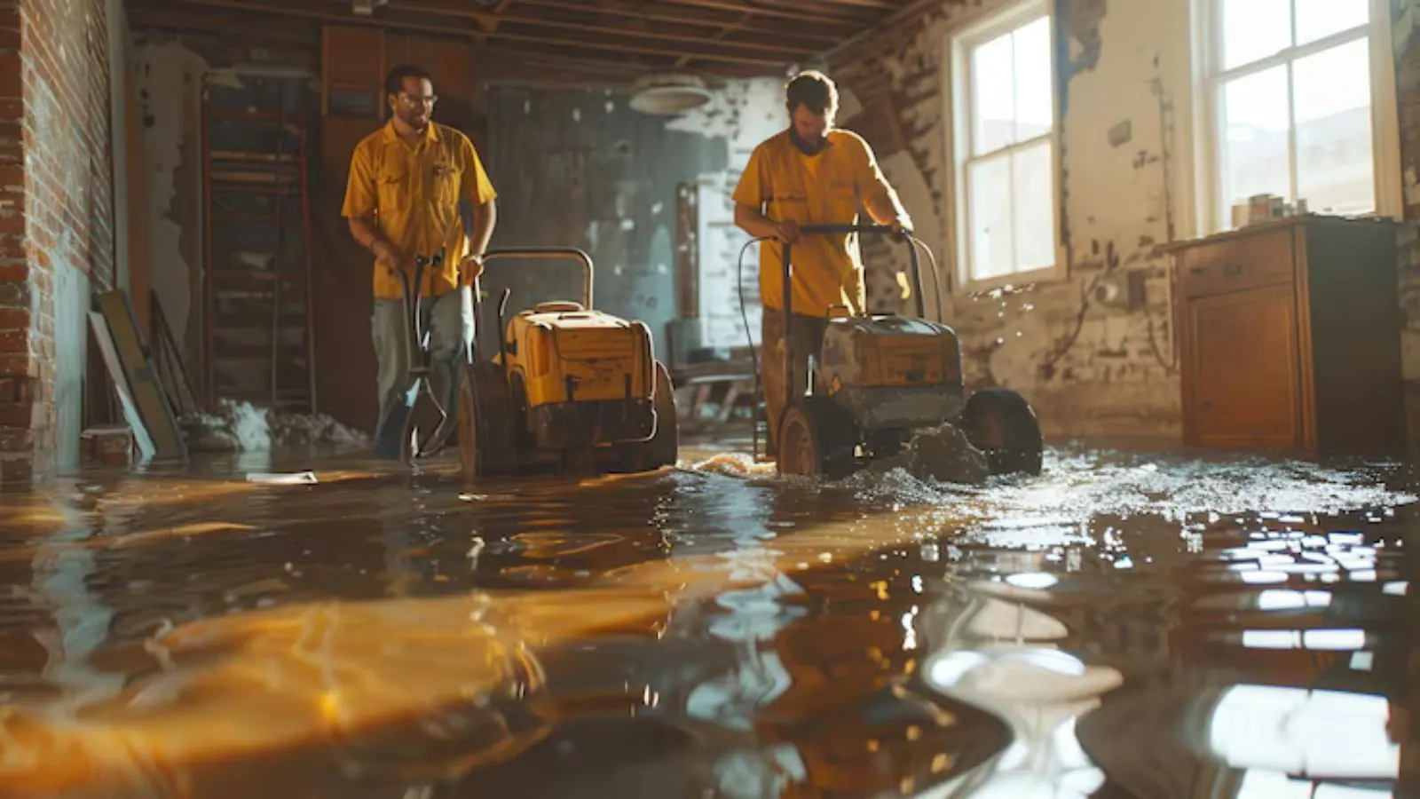 Two workers operating floor extraction machines in a flooded room